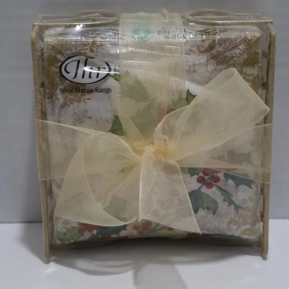 Ideal Home Cocktail Napkins Gold Caddy Holly Collage Christmas 40 Napkins NEW